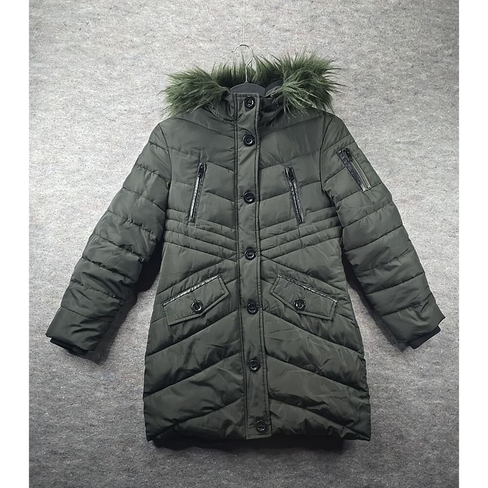Diesel Jacket Kids 12 Olive Green Hooded Puffer Parka Faux Fur Pockets Quilted